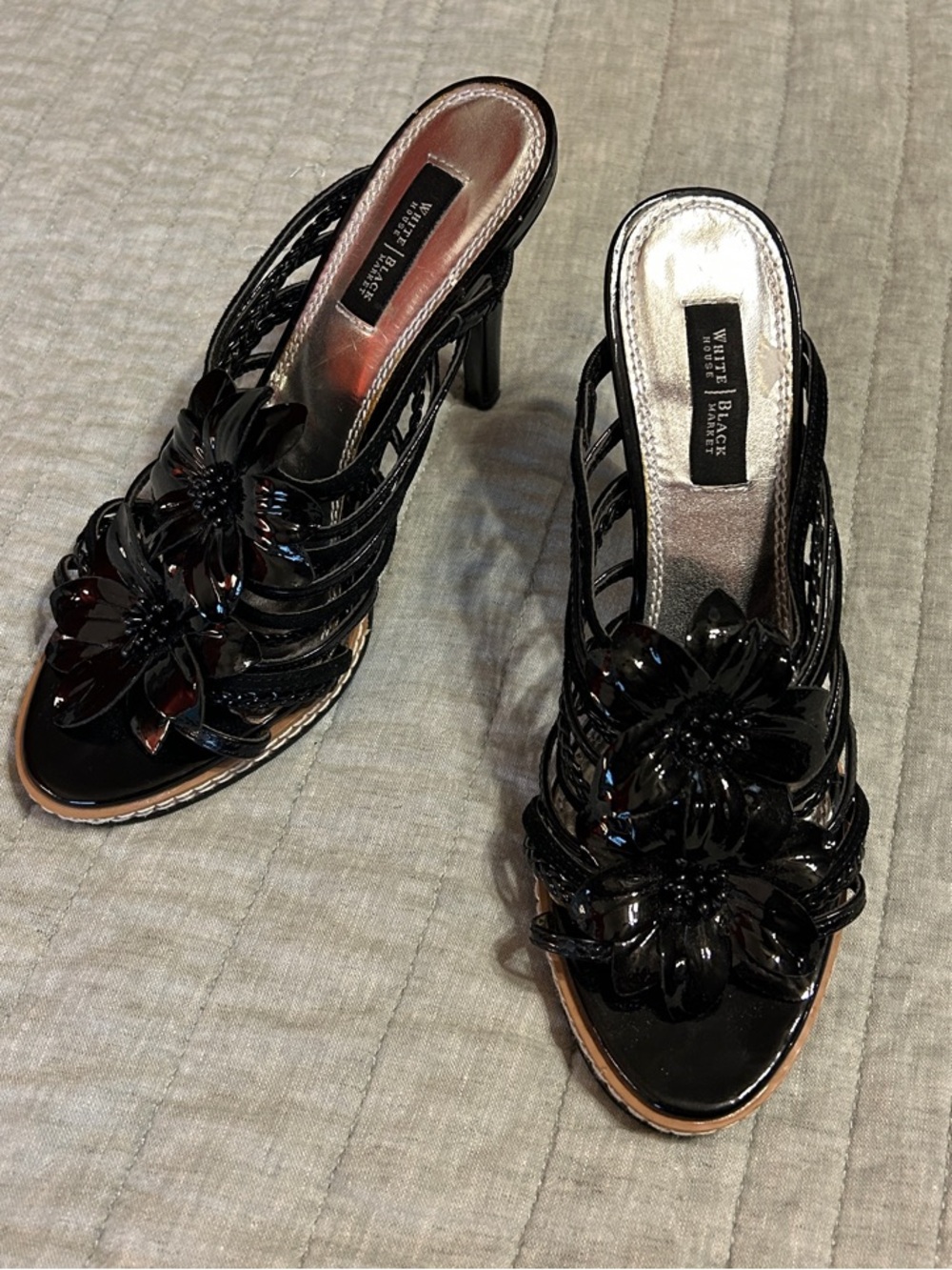 White House Black Market Black Patent Floral Clog Mules